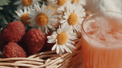 A basket of strawberries and daisies sits next to a glass of juice