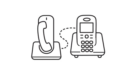 A line drawing of two cordless phones connected by a dotted line on a white background in vector style