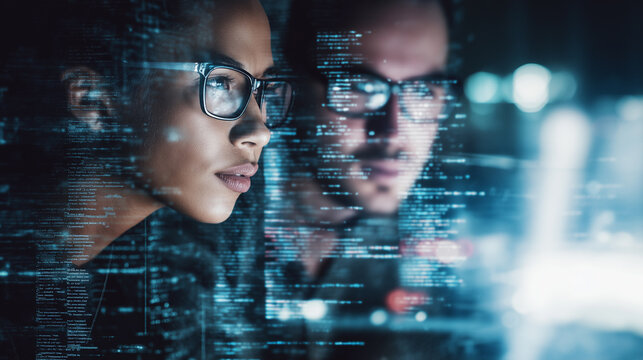 Two tech professionals working together and analyzing code on a screen with vibrant digital data overlay.
