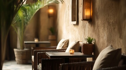 A patio with a few chairs and a table with candles on it