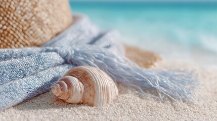 A shell is sitting on the sand next to a blue scarf