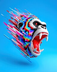 Furious Multicolored Gorilla Head in Pixel Art Style