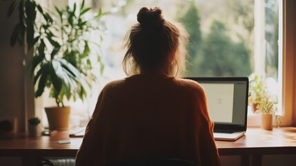 A woman is sitting at a desk with a laptop and a potted plant in front of her