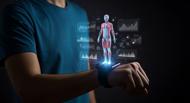 Teal Shirt Person Using Smartwatch Showing 3 D Human Anatomy Data - Powered by Adobe
