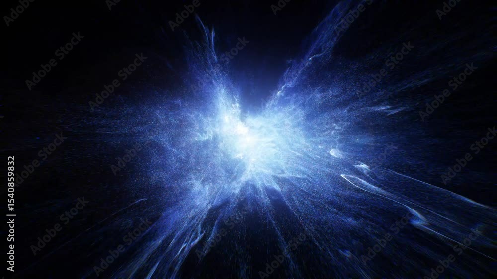 Aufkleber abstract motion graphic features a bright blue light bursting amidst swirling particles in dark spac