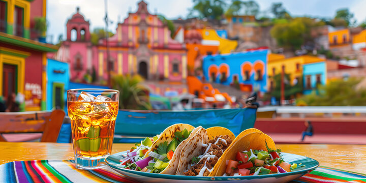 Colorful plate of tacos and a shot of tequila on a table, with vibrant colonial Mexican buildings in the background.