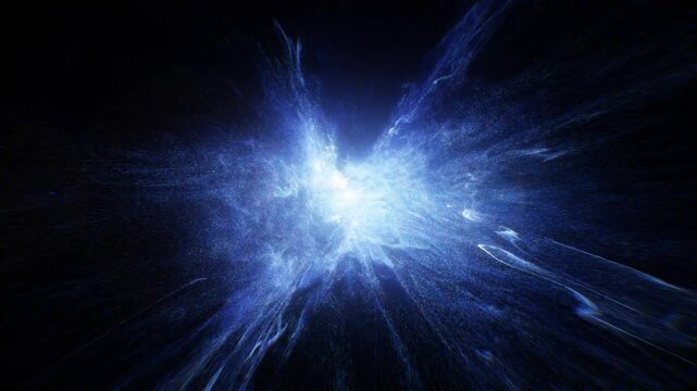Abstract motion graphic features a bright blue light bursting amidst swirling particles in dark space. Futuristic energy concept, science-related visual effect loop. 3D render - Powered by Adobe