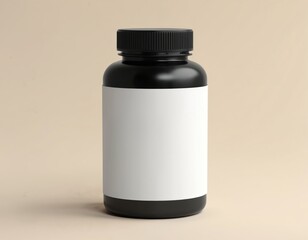 Black pill bottle white label mockup. Perfect for medical product presentation, supplement bottles, pharmacy, cosmetics. Black medicine container with blank label for branding. Vitamins, drugs, pills