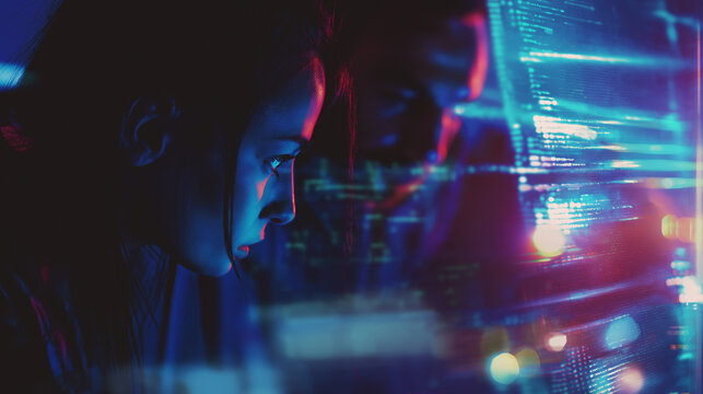 Two tech professionals working together and analyzing code on a screen with vibrant digital data overlay.