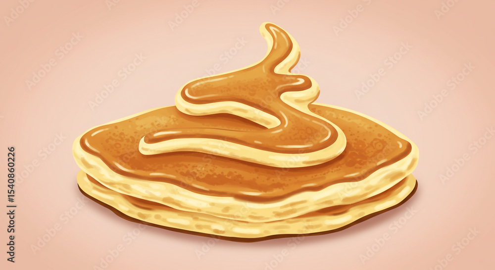 Poster a stack of three pancakes topped with a generous swirl of caramel sauce on a light pink background