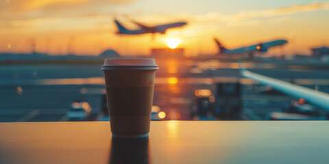 Coffee cup at the airport window with an airplane and sunrise in the background, symbolizing travel and anticipation.