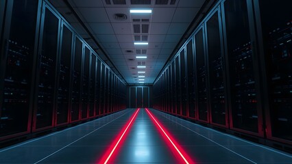 A futuristic server room illuminated by red and blue lights, showcasing advanced technology and storage systems.