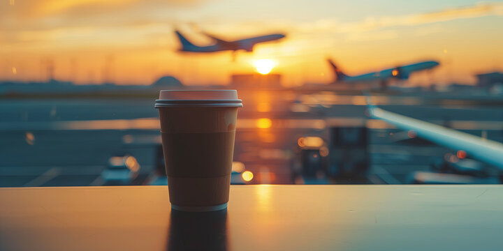 Coffee cup at the airport window with an airplane and sunrise in the background, symbolizing travel and anticipation.
