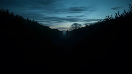 A solitary figure stands at dusk, shrouded in mystery amidst a tranquil landscape.