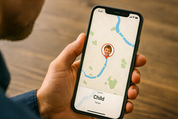 illustration of your child's geolocation on the phone, child safety, gps mobile phone in a hand