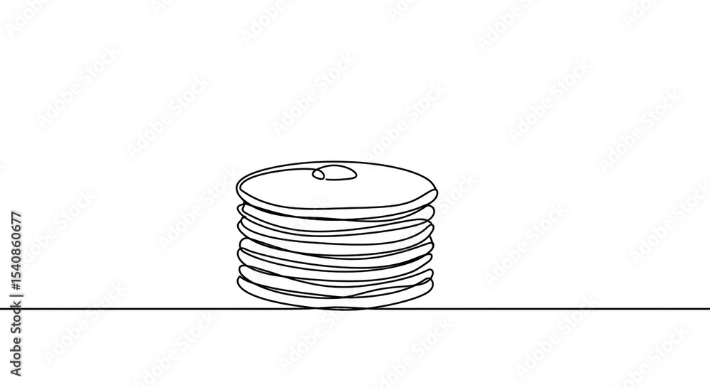 Poster a minimalist one line drawing of a stack of pancakes on a horizontal line against a white background