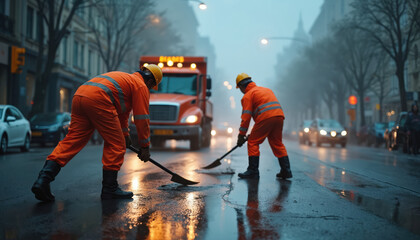 Fototapeta premium Construction workers repair road in rain during evening. City street repair team in orange safety uniform gear working. Road maintenance service, wet pavement. Urban infrastructure development.
