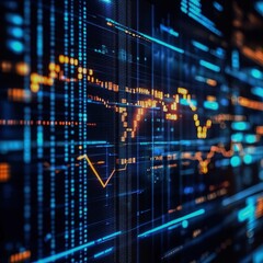A futuristic stock market dashboard with glowing financial graphs Focus on the graphs