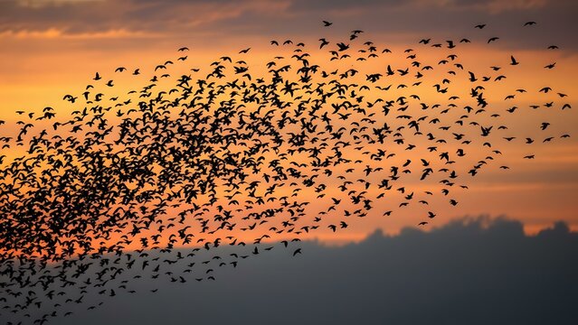 A mesmerizing flock of birds in silhouette against a vibrant sunset sky, showcasing nature's beauty and freedom.