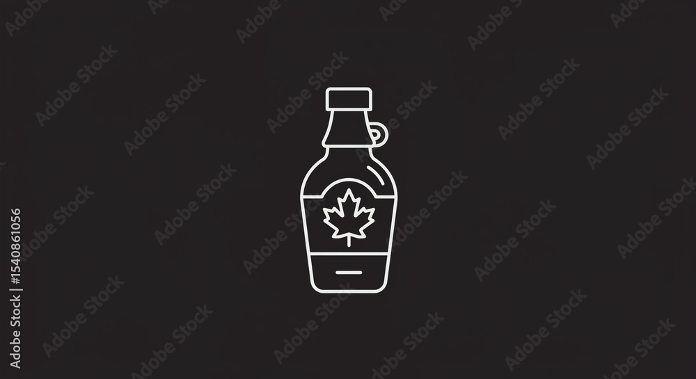 Poster a white outline drawing of a maple syrup bottle with a maple leaf on the label on a dark background