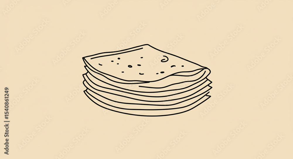 Poster a simple line drawing of a stack of tortillas on a light beige background with visible imperfections