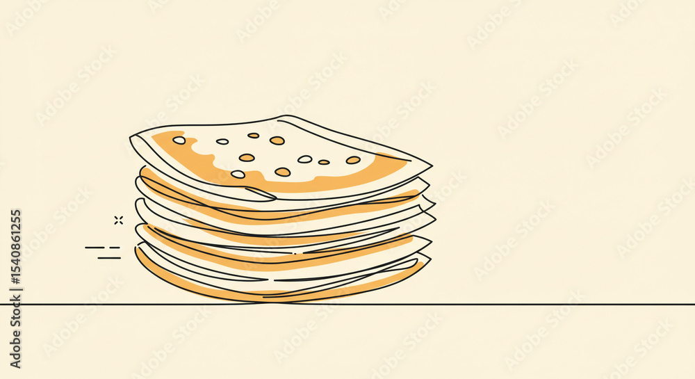 Poster a simple line drawing of a stack of pancakes on a light cream background with minimal decoration nea