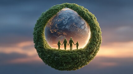Everyday Habits That Help the Ozone Layer, A family unites around a globe, symbolizing environmental harmony. Everyday habits that help the ozone layer shown in sustainable lifestyle actions