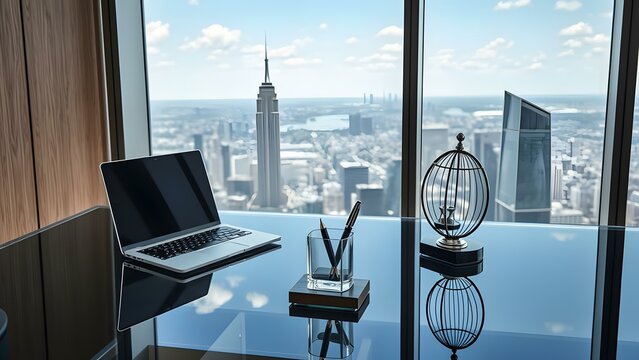 A modern office workspace with a stunning city skyline view, blending technology and elegance in design.