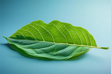 Single Large Green Leaf with Detailed Texture on a Blue-Green Background