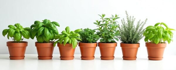 Variety of fresh green herbs growing in clay pots. Includes basil, thyme, rosemary, arranged in row against white background. Perfect for culinary projects, home decor, wellness concepts kitchen