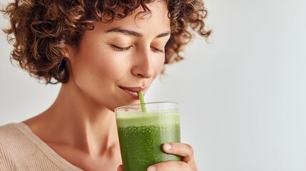 Woman is drinking a green smoothie.