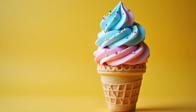 Colorful soft serve ice cream in waffle cone. Swirls of blue pink topped sprinkles. Delicious summer dessert treat sweet creamy candy. Food photo, fun craving for children adults. Perfect for cafe