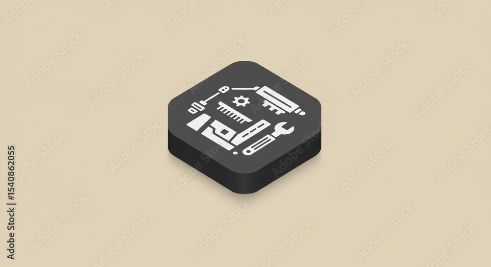 Aufkleber isometric black hexagon with white tool icons on a beige background in a simple graphic design style