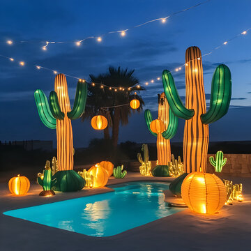 Pool at night surrounded by giant floatable glowing cactuses and ambient string lighting 