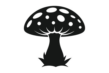 Black and White Mushroom Illustration with Spotted Cap and Grassy Base Design