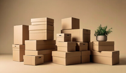 A neat stack of beige cardboard shipping boxes on a soft neutral background, clean matte texture, subtle shadows, Scandinavian design style, muted tones, uncluttered composition, product packaging ins