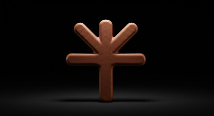 A textured brown symbol with three arms pointing upwards and one downwards on a dark black background
