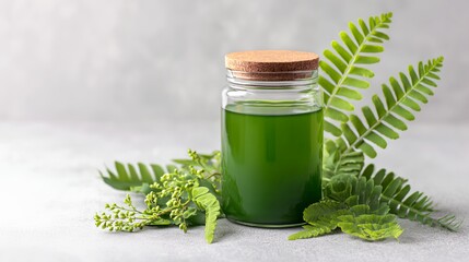 Green liquid in a glass jar with a lid.