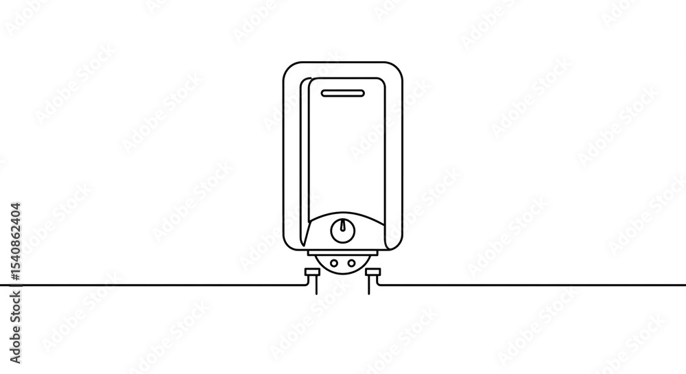 Poster a minimalist line drawing of a water heater appliance centered on a white background with a thin lin