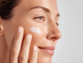 Woman is applying makeup to her face.