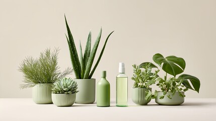 Row of green plants and a bottle of lotion.