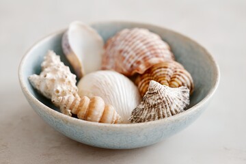 Blue bowl filled with various shells.