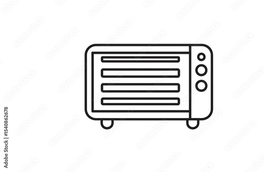 Poster a simple line drawing of a small space heater with horizontal bars and control knobs on the side
