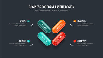 Digital Introduction 4 Element Diagram Slideshow Layout. Modern Briefing Frame Design Vector Illustration. Professional Performance Four Step Infographic Slide Template.