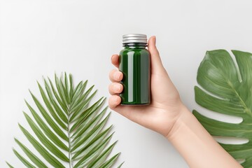 Person is holding a green bottle in their hand.