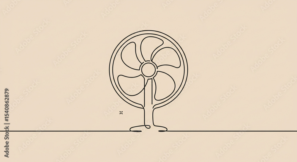 Poster a minimalist line drawing of a fan with five blades on a beige background in a simple style art