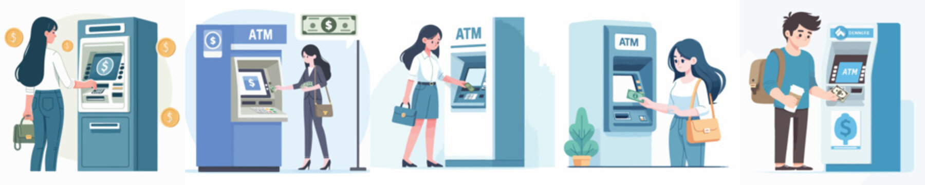vector woman taking money from atm