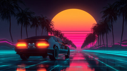 Retro-Futuristic Car Driving Toward Sunset on Grid Highway