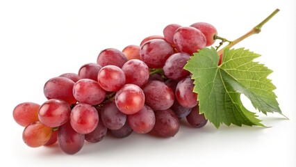 Fototapeta premium Red Grape Bunch Close-up Photography, Studio Lighting, Fresh Fruit Concept, Vine Leaf, White Background Red Grapes, Fruit Photography