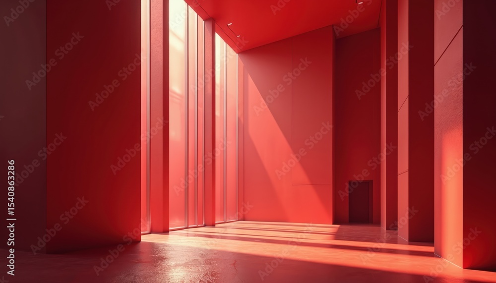Poster red interior with tall windows. sunlight illuminates minimalist modern design. empty space, clean li